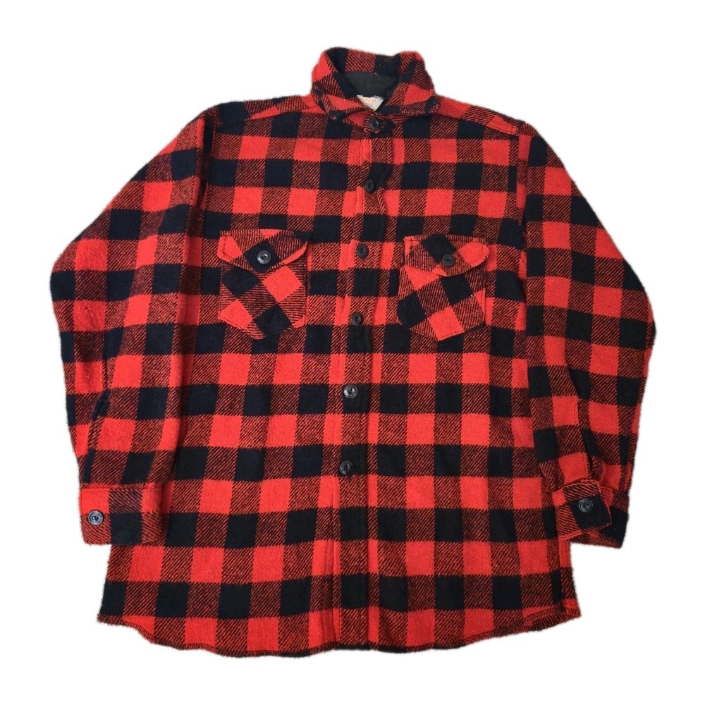 Vintage 70s Frostproof Wool Red Plaid Lumberjack Flannel Size 15.5 M Black